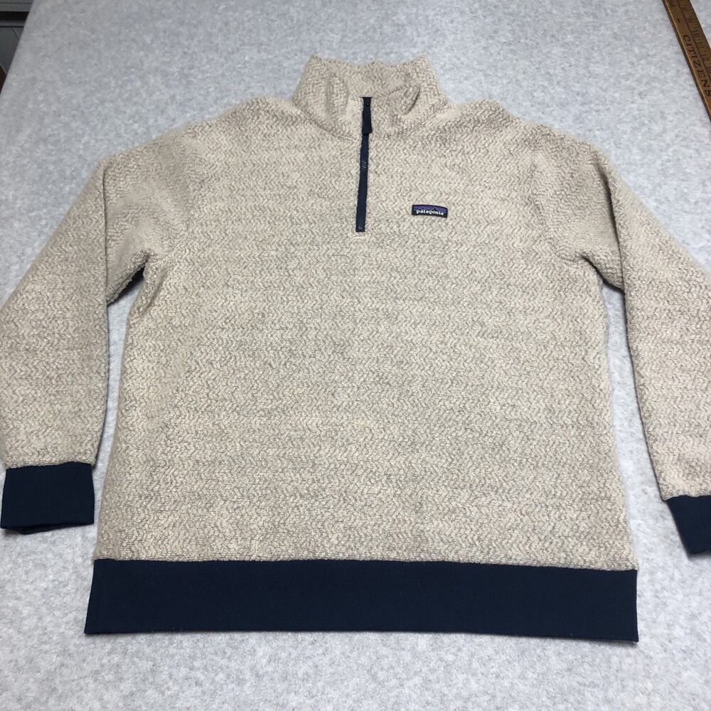 Patagonia Woolyester Sweater Mens XL Oatmeal Blue 1/4 Zip Fleece Outdoor